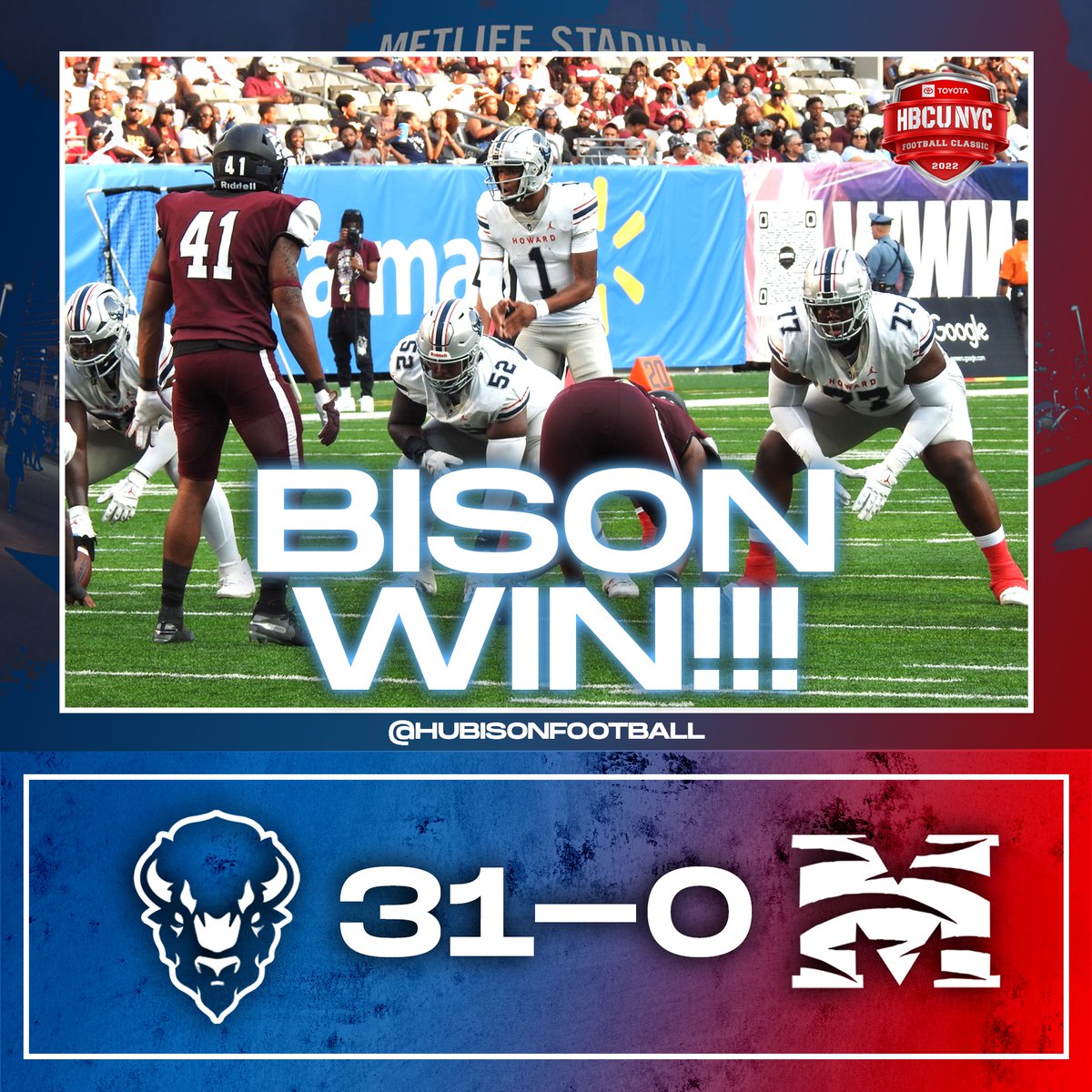 HUBISONFOOTBALL's tweet photo. BISON WIN‼️
Final Score Bison 31 - 0 🦬💙🤍
#STMDT #howardufootball #hbcunyfc #GoBison #competitiveexcellence https://t.co/swjek64Vfz