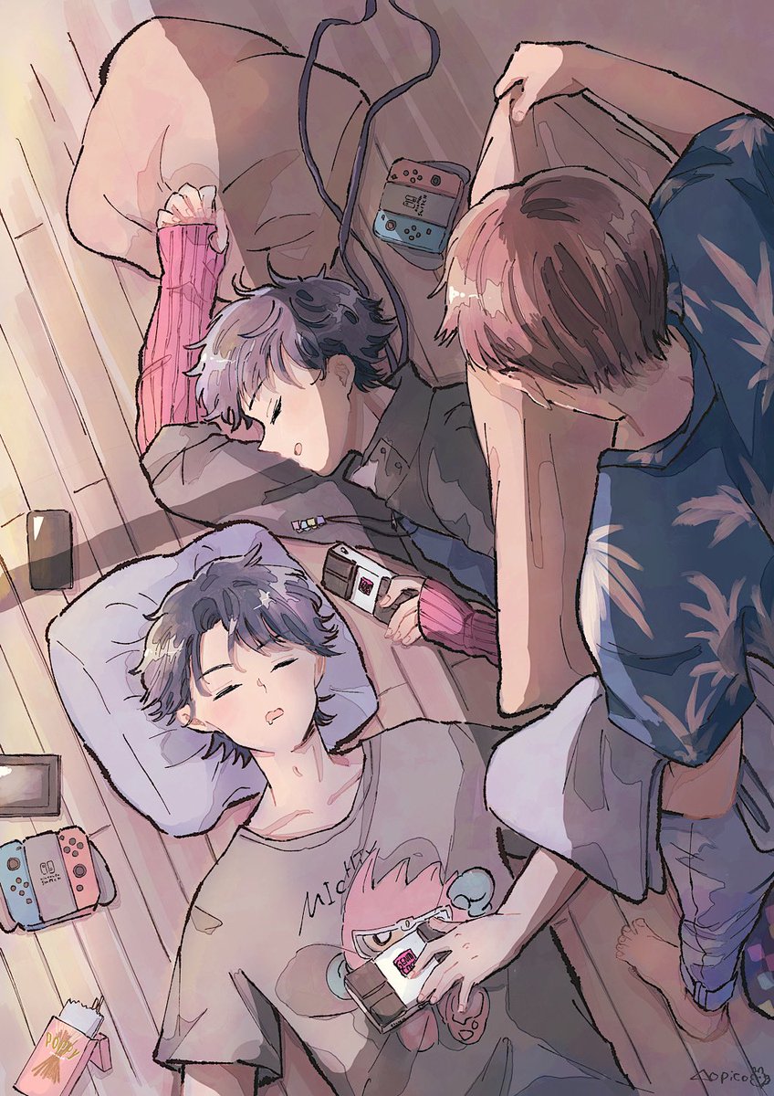 multiple boys sleeping nintendo switch male focus shirt lying on back  illustration images