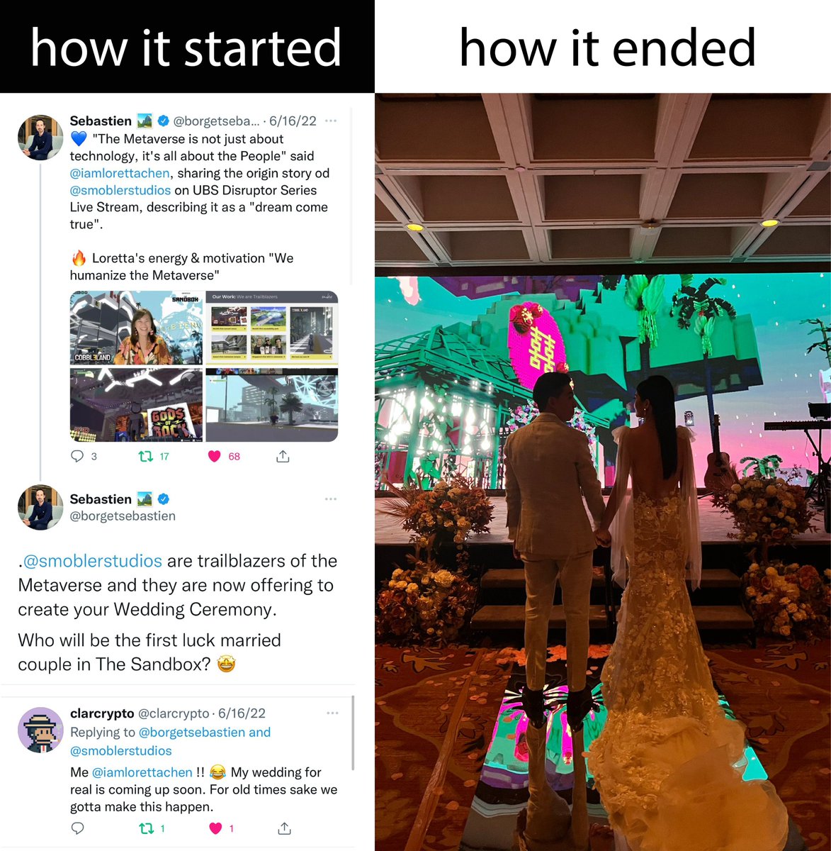 smoblerstudios's tweet photo. ❤️ A @TheSandboxGame wedding just happened a few hours ago. Congratulations @clarcrypto ! A special thank you to @borgetsebastien . A feature video dropping today. @thecobbleland  #wedding #metaverse https://t.co/141o915Hew