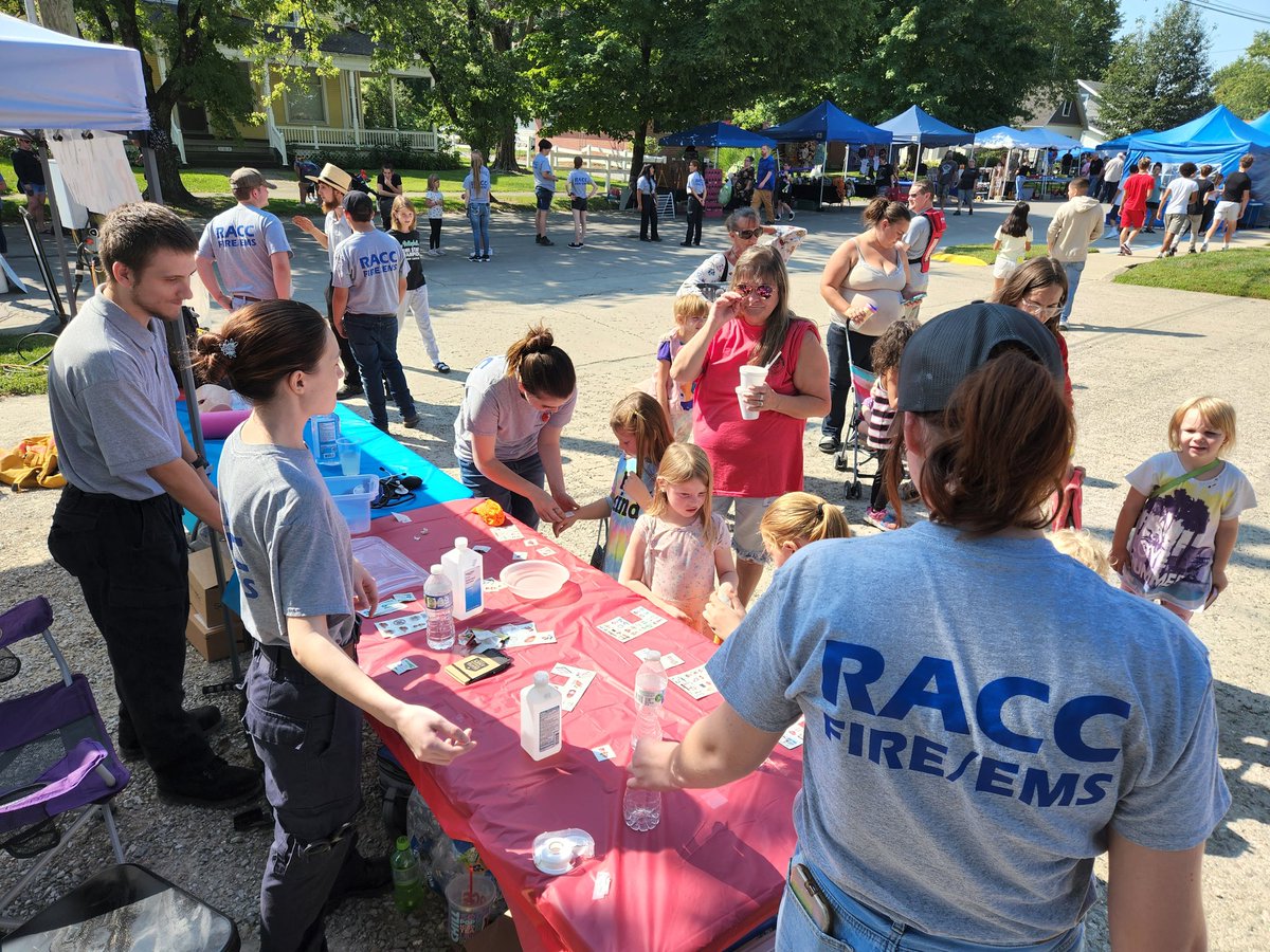 RACCFireEMS's tweet photo. Today the Fire And EMT class set up a booth at Levi Coffin Days.  We did some education using some of our new equipment.  Choking trainer, cpr trainer, personal thermal imagers.  We had a great time with drrssing kids in turnout gear and putting temporary tatoos on them. https://t.co/Hlc11lmIeC