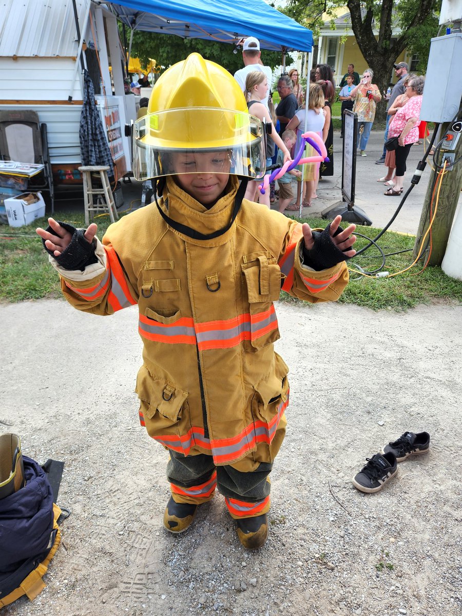 Today the Fire And EMT class set up a booth at Levi Coffin Days.  We did some education using some of our new equipment.  Choking trainer, cpr trainer, personal thermal imagers.  We had a great time with drrssing kids in turnout gear and putting temporary tatoos on them.