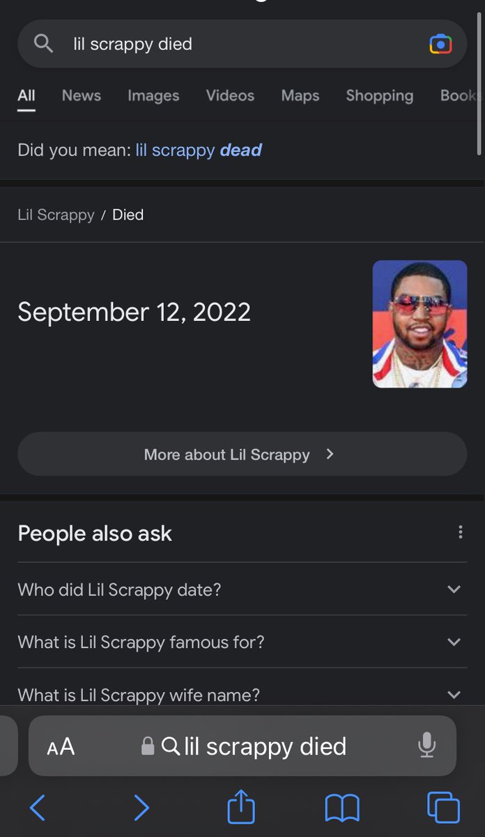 Da_Real_Mecca's tweet photo. Now now now flag on the play why google saying lil scrappy died? Aye scrappy ya dead? “In my shottas voice” @reallilscrappy Lmmdao Lmmfao hello lol this is wild    #loveandhiphop #conspiracy #ConspiracyTheories #wtf #lilscrappydeadoralive #google #glitch #hack #clone #industry https://t.co/VnKIjK89zO
