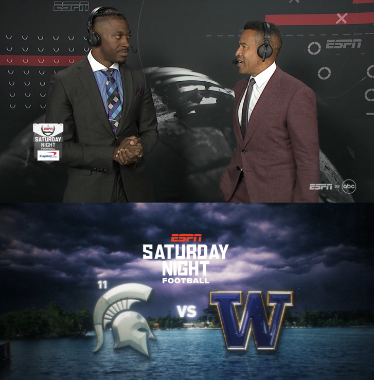 bhofheimer_espn's tweet photo. .@RGIII bookends his week in Seattle. After working the #Seahawks Monday Night game, he's back now on ABC w/ @MarkJonesESPN &amp; @QKessenich for #MSUvsWASH 

* But no 40-yard dash for Robert against Huskies mascot Dub II like he did against the hawk on Monday https://t.co/2DCz1Qnh6F