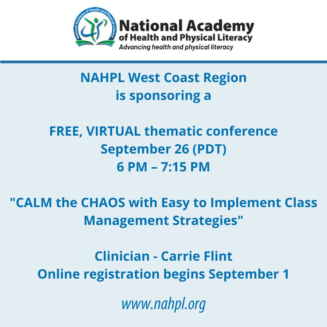 Registration is OPEN for "CALM the CHAOS w/ Easy to Implement Class Management Strategies" featuring 
<a href="/CarrieMusicalPE/">Carrie Flint</a>
 
FREE, Virtual PD opportunity &amp; open for ALL!!

Tag a colleague!!

Must REGISTER to attend!  Register today!
nahpl.org/regions/west-c…