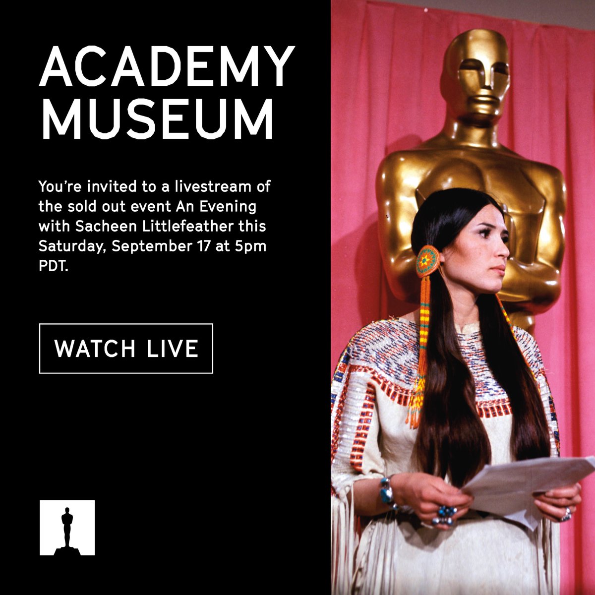 Join the @AcademyMuseum's 'An Evening with Sacheen Littlefeather' livestream for a special celebration of live Native American performances including a long awaited statement of apology from the Academy. Watch here: youtu.be/wNHtImiC90o