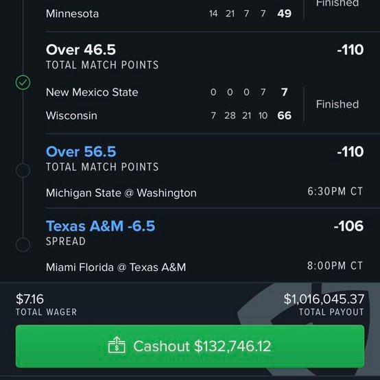 Pickswise's tweet photo. $7.16➡️ 1 MILLION?!? 🤯

This @FDSportsbook bettor is only 2 legs away from cashing the bet, but they have a 132K cashout 😳

Are you letting it ride?? 🤔

(via @doritos_cv) https://t.co/lyvZcyHHbD