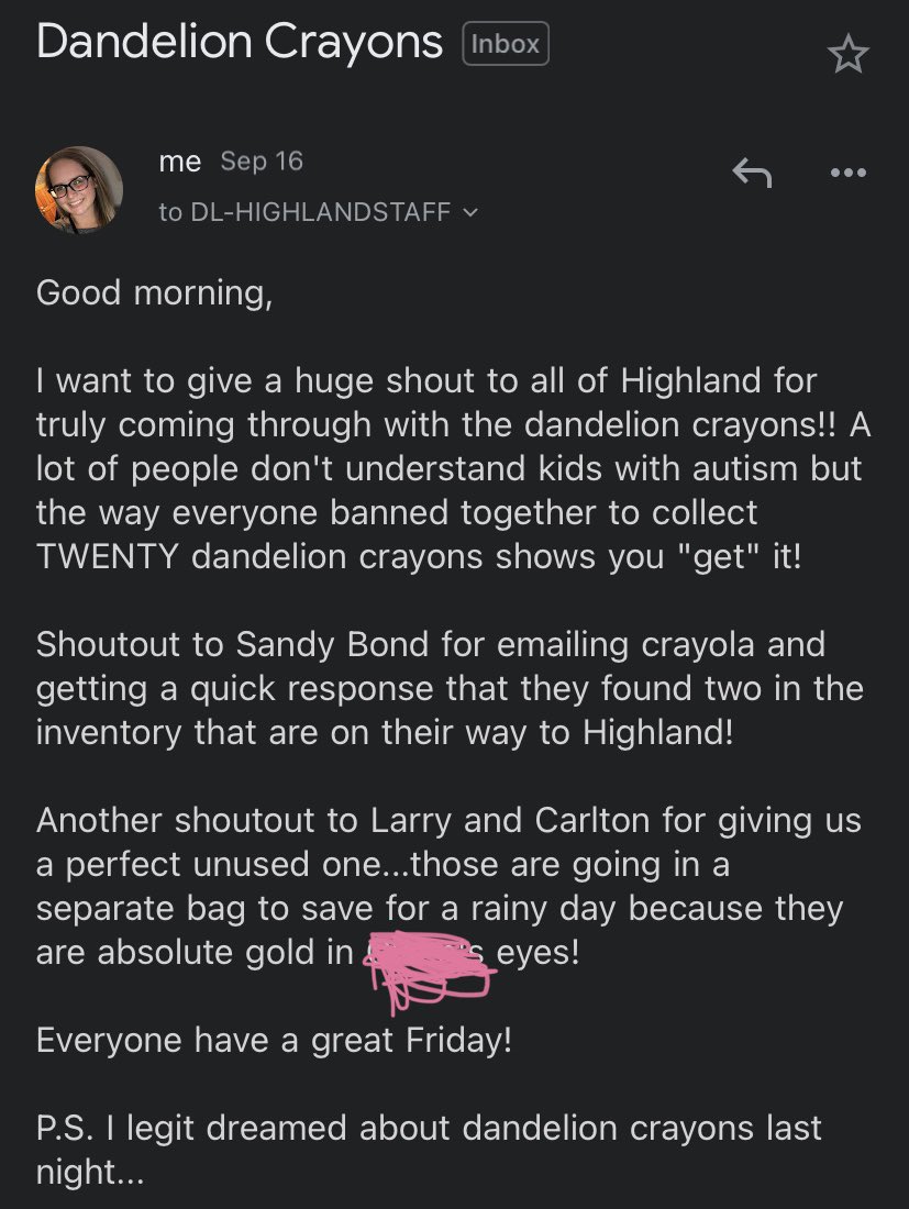 mrs_vonderhaar's tweet photo. One of my kids had a rough time this week wanting a “dandelion” crayon which crayola retired in 2017. I sent out an email and our staff collected about 25 crayons! Including one staff member emailing crayola. ❤️ it truly takes a village and highland is such a wonderful village! https://t.co/tCftYX28rA