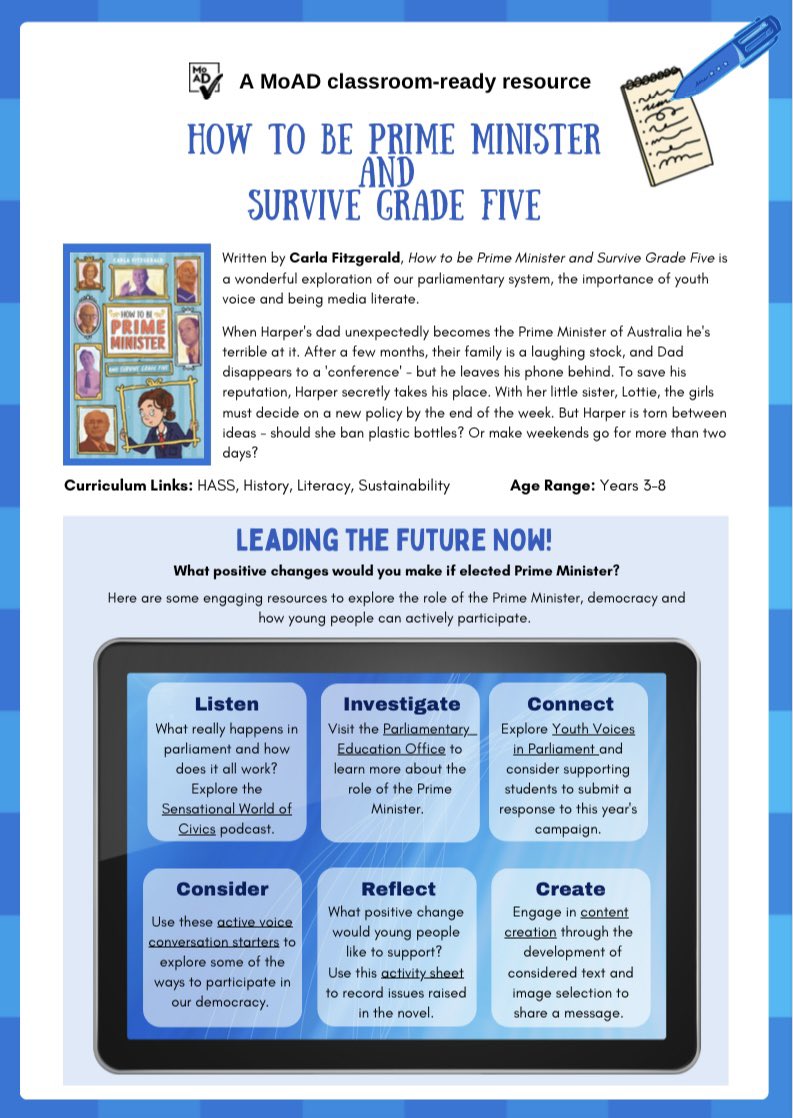 Author Carla Fitzgerald popped by to visit us last week and chat about her fantastic new book How to be PM and Survive Grade Five! Check out our accompanying Civics in Chapters resources here moadoph.gov.au/learning/class…