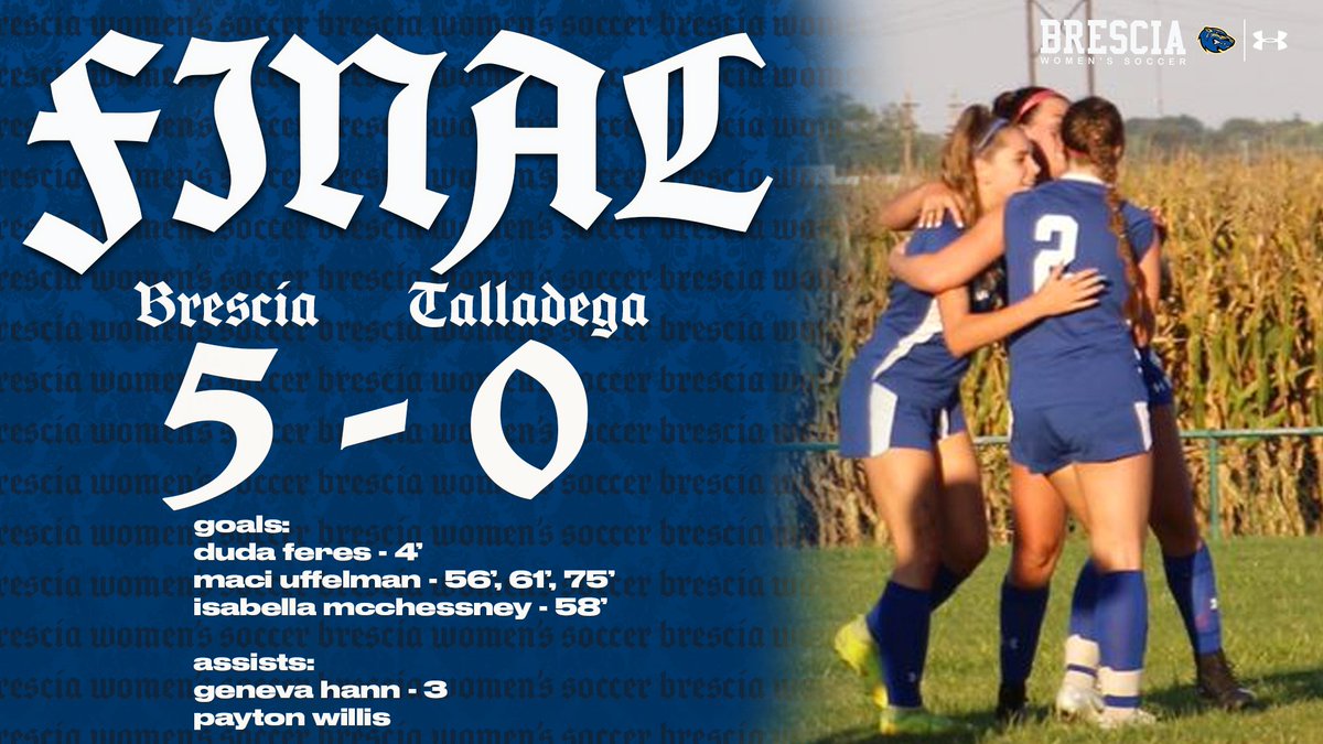 FINAL: Brescia win Talladega 5-0 off <a href="/maciuff/">maciuff</a>'s 2nd hat trick &amp; goals from <a href="/dudaferes10/">Maria Eduarda Feres</a> &amp; Isabella McChessney.  Geneva Hann &amp; <a href="/pwillis66/">Payton Willis</a>  both tallied assists for the Bearcats while keepers 

<a href="/ashby_greenwell/">ashby greenwell</a> &amp; <a href="/Stiles1300/">Brooke Stiles</a> both had clean sheets.

BWS moves to 2-3 on the season.