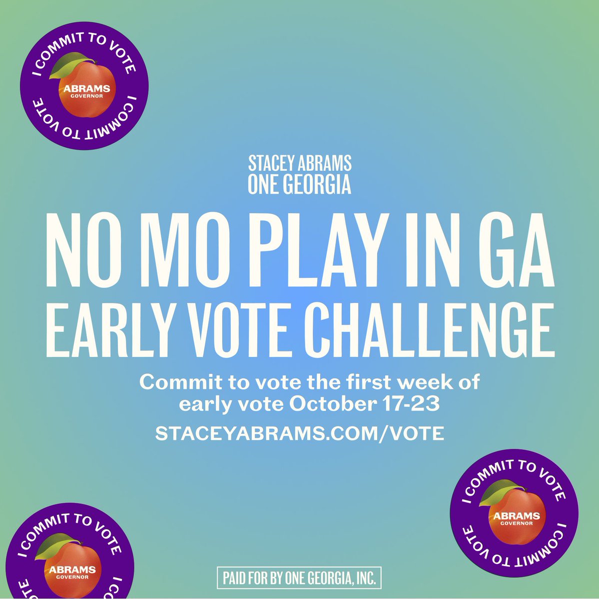 TeamAbrams's tweet photo. Georgia — we’ve got a challenge for you! #NoMoPlayInGA
This year we MUST VOTE EARLY. We're up against the architect of modern day voter suppression, but we’re not going to give him the chance to get in our way. Let’s show our power EARLY by voting the 1st week the polls open! https://t.co/xsClaDzYMb
