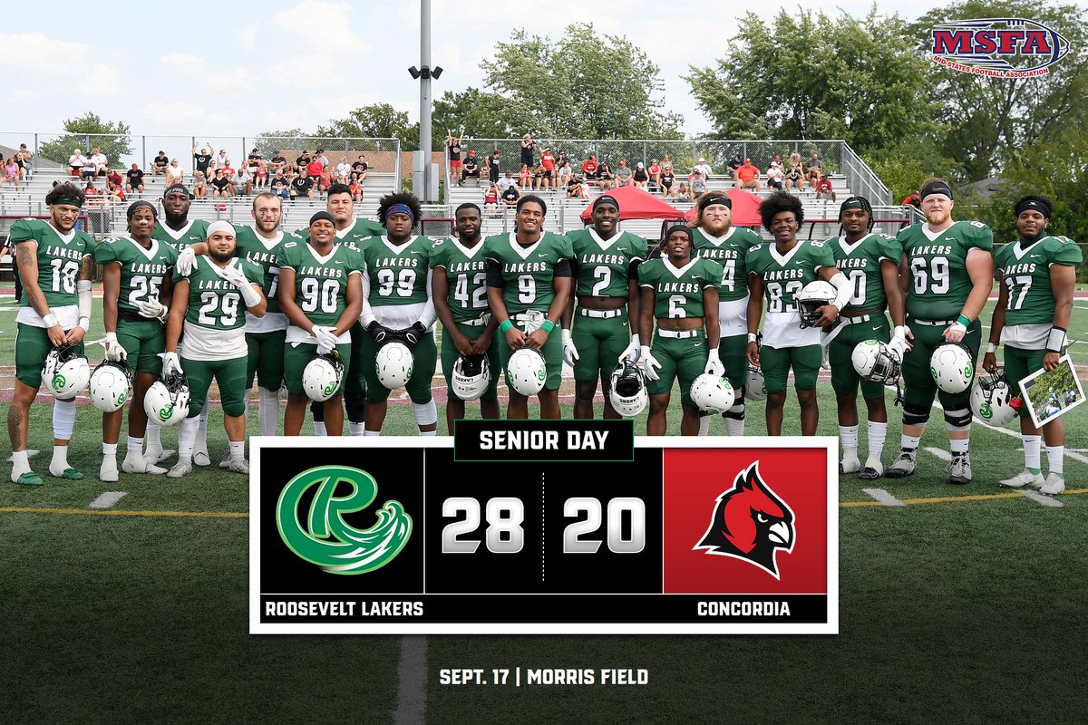 LAKERS WIN! <a href="/RULAKERFB/">Roosevelt University Football</a> recovered from an early deficit to score 28 unanswered points to defeat Concordia (MI) 28-20 on Senior Day!

Read the recap📰👀: bit.ly/3BoAb4y

#RideTheWave