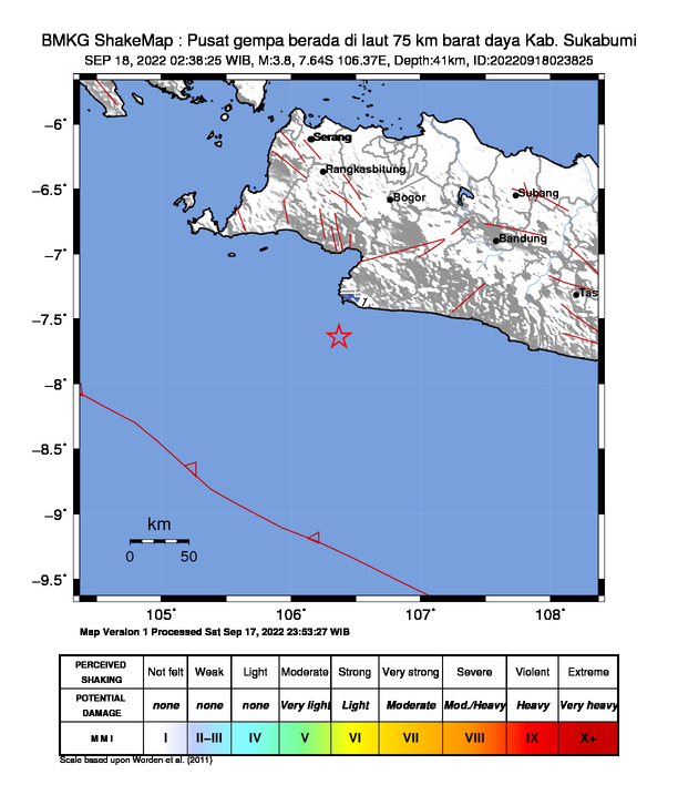 #Gempa Mag:3.8, 18-Sep-22 02:38:25 WIB, Lok:7.64 LS, 106.37 BT (Pusat gempa berada di laut 75 km barat daya Kab. Sukabumi), Kedlmn:41 Km Dirasakan (MMI) II-III Kab. Sukabumi #BMKG