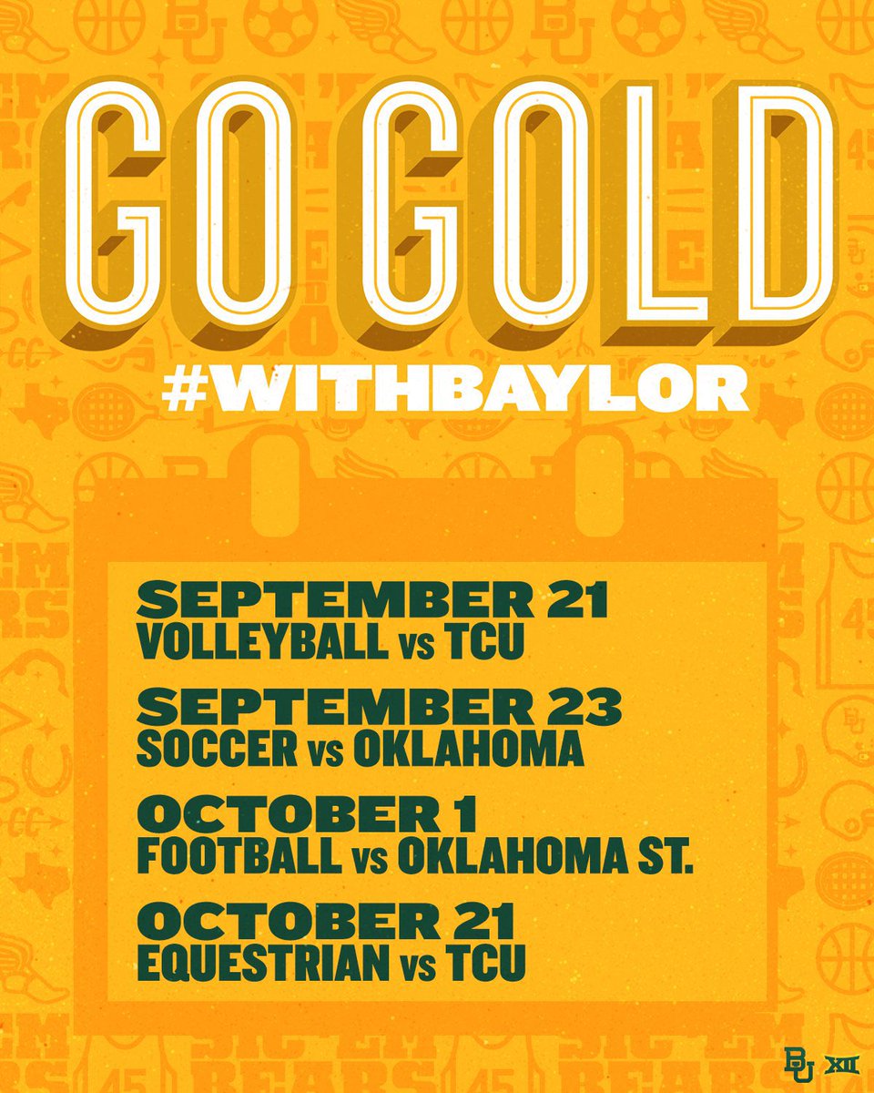 BaylorAthletics's tweet photo. It starts next week 👀
🟡 Secure your gold apparel: https://t.co/SWKzo3x25d
#SicEm | #WithBaylor https://t.co/aLlzzq4RHK