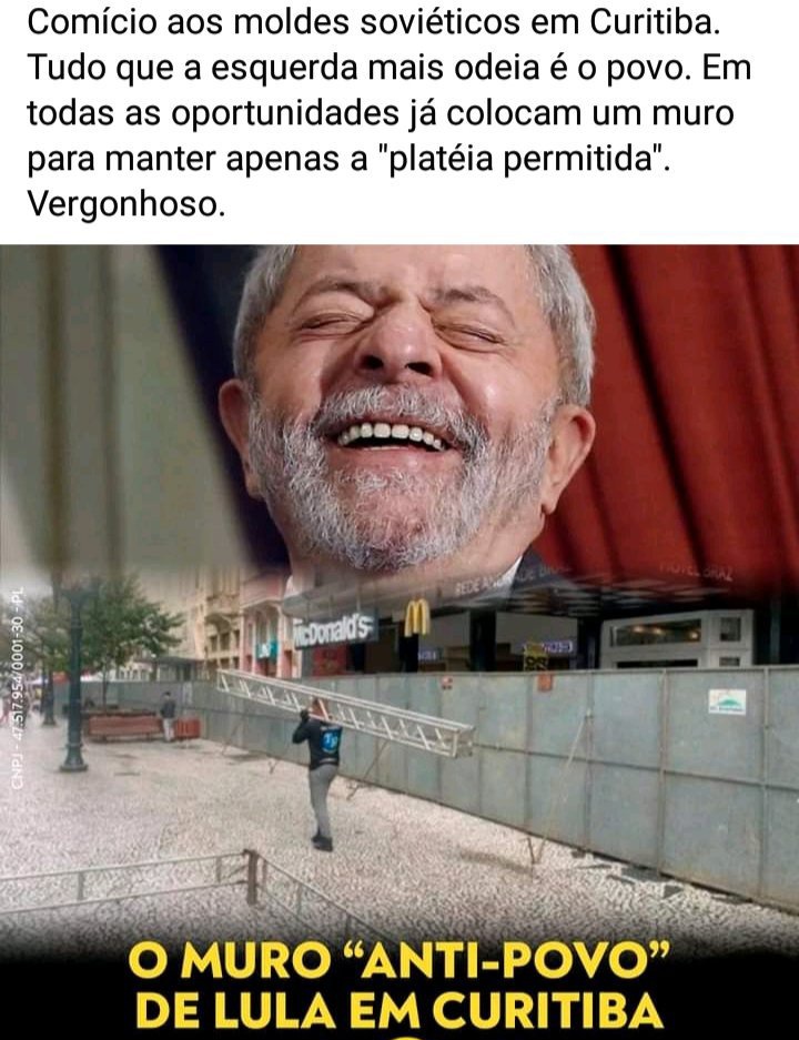 AntPToficial's tweet photo. Esse é o líder nas pesquisas #DataFake mantém a população afastada com muros e cercas, somente a membros filiados ao MST, ongs, sindicatos e partidos tem acesso aos comícios do molusco ladrão! 😕🤌 https://t.co/L7Fiw0csAe