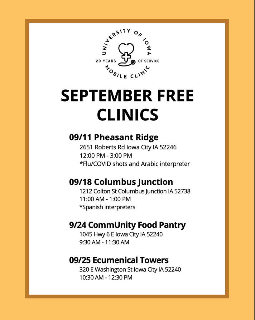 UI_MobileClinic's tweet photo. Check out these flyers for information about our free health clinics this month! https://t.co/K1WSsUMsPd