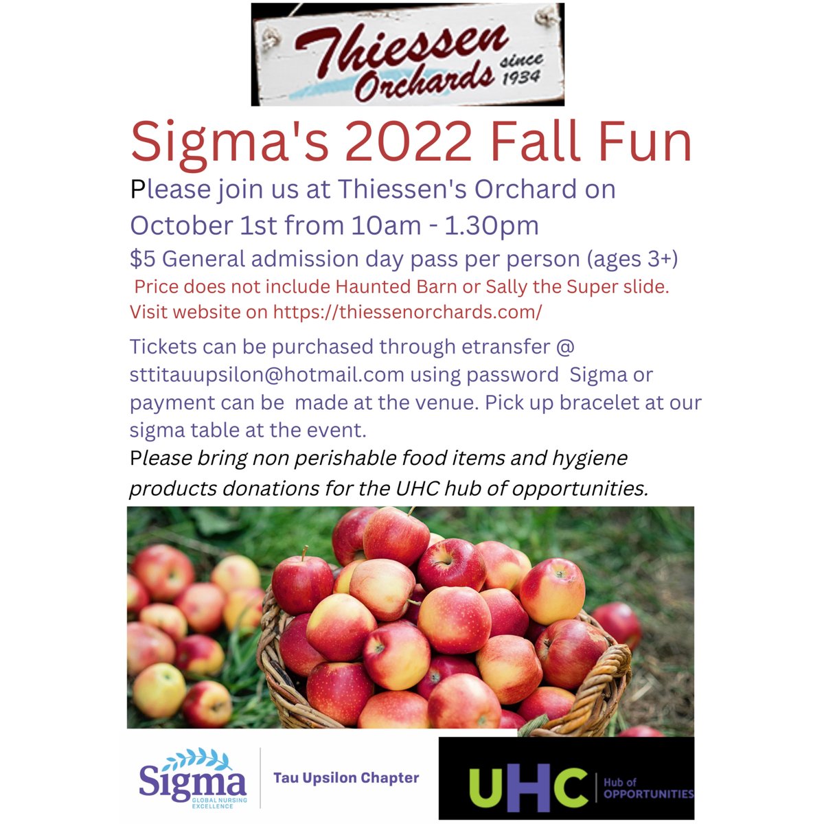 Looking to do something this Fall with your family? Join us at Thiessen’s Orchard on October 1st. Passes can be picked up at our Sigma Table between 10am-1:30pm and will be valid for the entire day, 10am-5:30pm. 

We look forward to seeing you and your family!