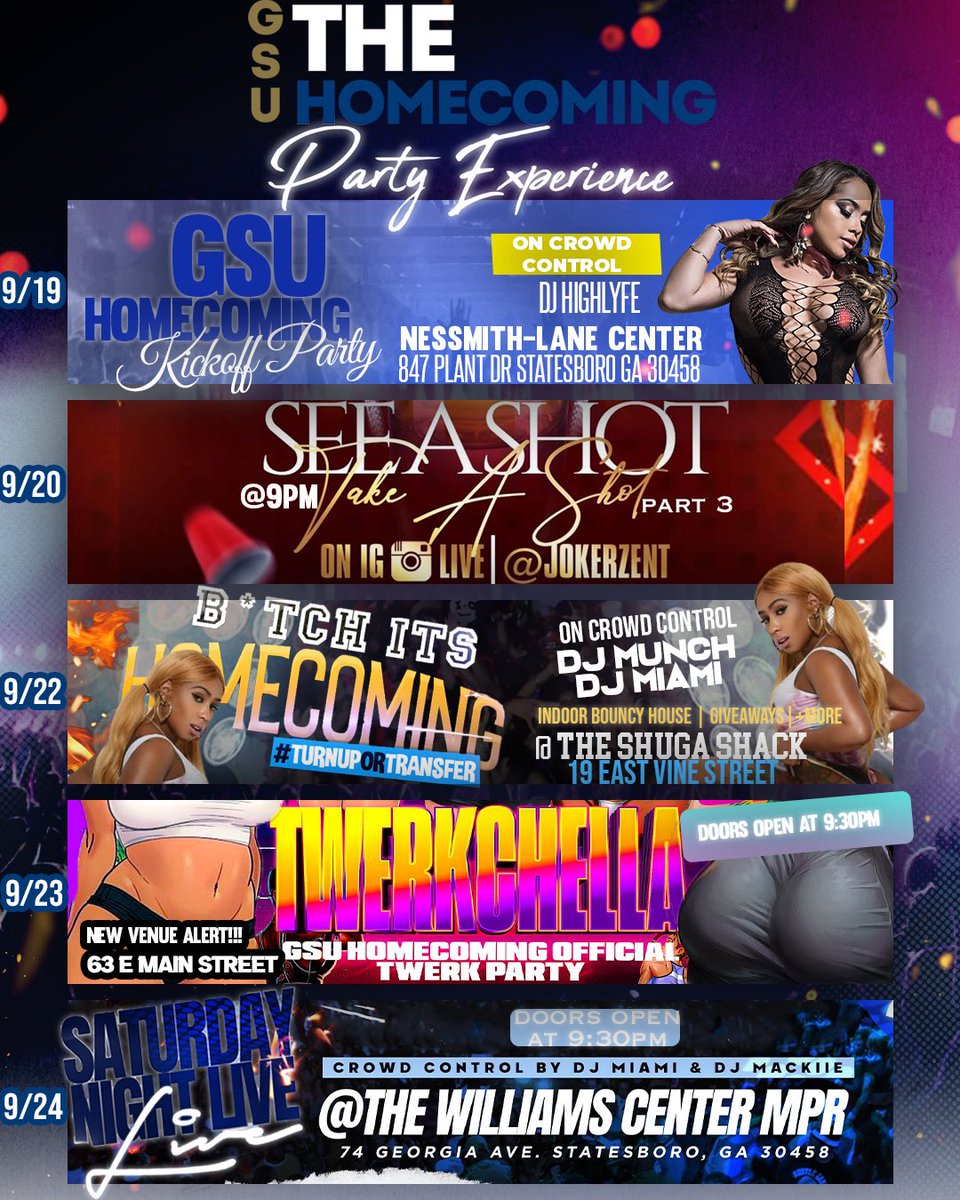 JokerzEnt's tweet photo. THE GSU HOMECOMING PARTY EXPERIENCE💫🔥

WE LIT ALL WEEK LONG SO GET READY😮‍💨

ALL LINKS FOR TICKETS ARE IN OUR BIO🎟

#southernnotstate #GSU #BIHC #gsuhomecoming #gsu26
#gsu25 #gsu24 #gsu23 https://t.co/VeOIlCWkF9