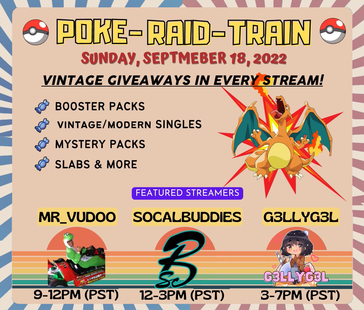 Hey Buddies! We are teaming up with <a href="/Mr_Vudoo/">Mr Vudoo🍥</a> and <a href="/gymleadergelly/">🌸✨GELLY✨🌸</a> for a POKE RAID TRAIN! Lots of vintage giveaways! Winners will be picked live on Sunday, 9/18! 🔥

- follow all 3 of us
- like &amp; retweet
- comment favorite pokemon

#giveaways #vintage #pokemon #twitch