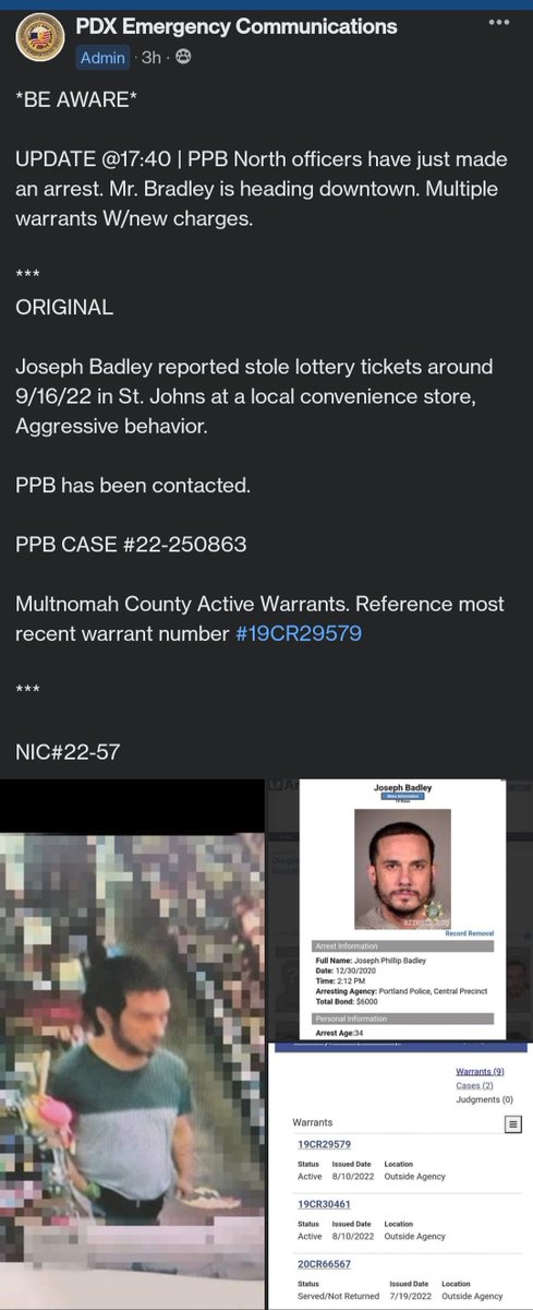 PdxEmergency's tweet photo. Mr. Bradley attempted to come and cash stolen lottery tickets. At the same store he stole them from. @ppbnorth arrested Mr. Bradley. https://t.co/ILeq69XjZ0