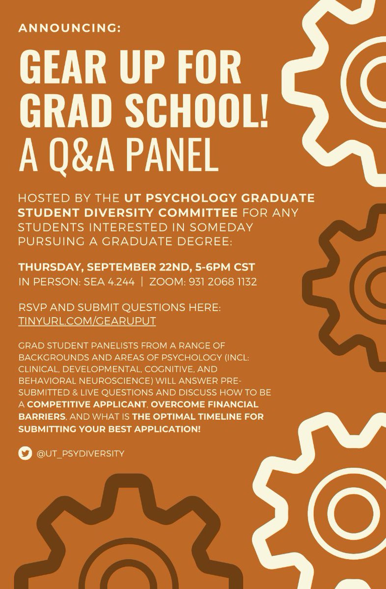 We are hosting our annual Graduate School workshop for undergraduate students at UT Austin.
Please share with your students and we look forward to seeing you 🧡🧠 #graduateschool #psychology #neuroscience #developmental #cognitivepsych #clinicalpsych