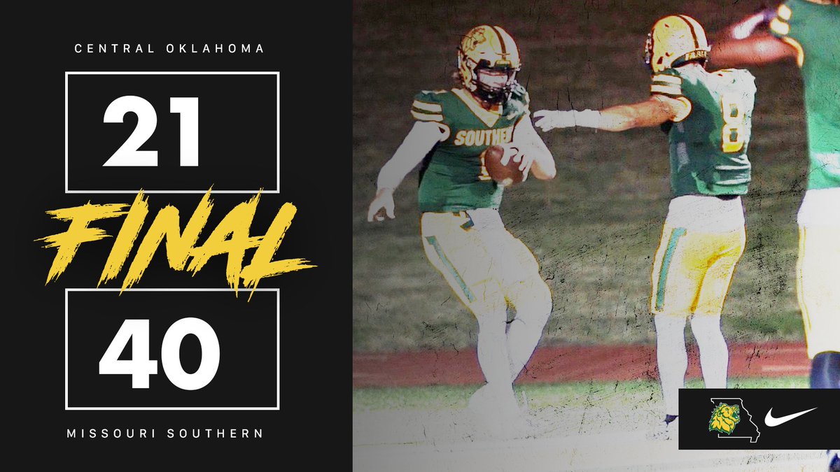 Victory Formation! Southern takes out UCO 40-21 in #miaafb action. Dawson Herl picks up 5 TD's (3 pass, 2 rush) on the night, while Ezekiel Lang catches a pair. Nick Williams with 2 FG's and Nathan Glades with 105 yards on the night. 9 tackles for Booker and Jordan. #LetsRoar 🦁