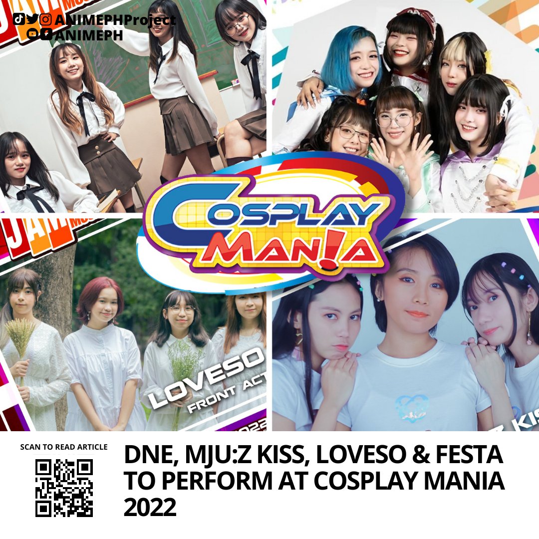 animePHproject's tweet photo. Local girl groups DNE, @mjuzkiss @loveso_official and @festa_ph will be performing as the opening act for the Japanese Anime Music (JAM) Concert during @CosplayManiaPH 2022

https://t.co/FwZWhs94bR

#cosplaymania2022 https://t.co/GfPb4BBQci