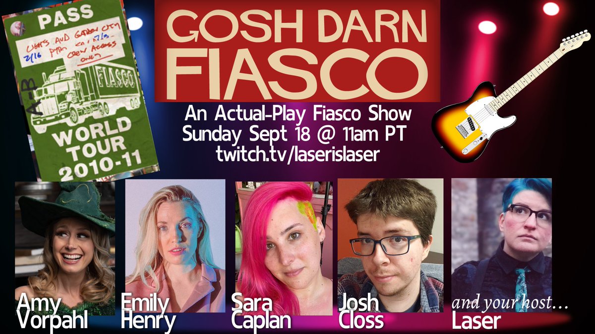 lasertheboy's tweet photo. Tomorrrowwww... @goshdarnfiasco time yet again with an amazing crew all getting a band together and hitting the road! It's @emilyhenrymusic's first RPG and it is absolutely NOT @vorpahlsword's first RPG. Let's have fun!!

https://t.co/CYzzOe6ax5 at 11am PT! https://t.co/Cc6RJDOYWh