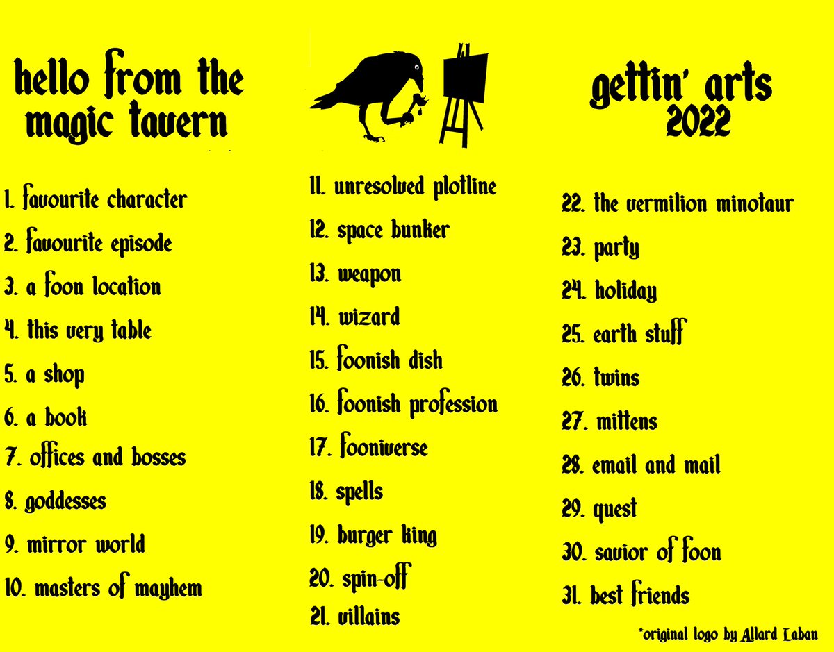 akmendz's tweet photo. In the @MagicTavern discord, a couple of us spitballed some ideas for our own Inktober. Introducing Gettin’ Arts 2022! Each prompt is inspired by our lovable idiots and the world they crafted. Share your creation by tagging #Magictavern, #Inktober2022, and #gettinarts2022 https://t.co/Snc8Phcbvu