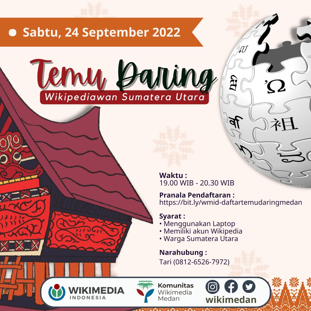 wikimedan's tweet photo. Halo, kedan Wiki! Komunitas Wikimedia Medan akan mengadakan Temu Daring Wikipediawan Sumatera Utara!
Nah, kumpul kita ya weeii di hari sabtu malam.
Silakan bergabung dengan mendaftar di pranala berikut.
https://t.co/YMdJtbI7XI
Sampai jumpa nanti ya!✨
#WMID #WikiMedan https://t.co/myjGOqg0Wt