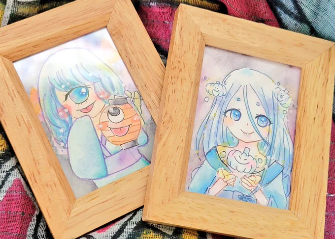 #死者たちのパレードミニ額です一つ目ちゃんと雪女さん大好きな絵師さんに憧れ、クサカベさんのハルモニア購入しました背景に使用したのですが、予想出来ない滲みに興奮しました…楽しい～#イラスト#水彩#絵描きさんとつながりたい #アナログイラスト 