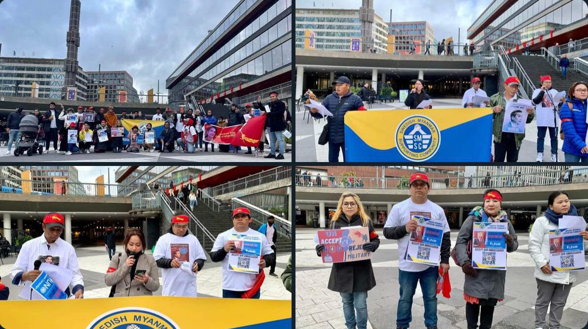 Pro-democracy activists staged a protest in Sweden on September 17, to call on <a href="/UN/">United Nations</a> to reject dictator and recognise NUG government &amp; extend the tenure of Ambassador U Kyaw Moe Tun.  #2022Sept18Coup #WhatsHappeningInMyanmar