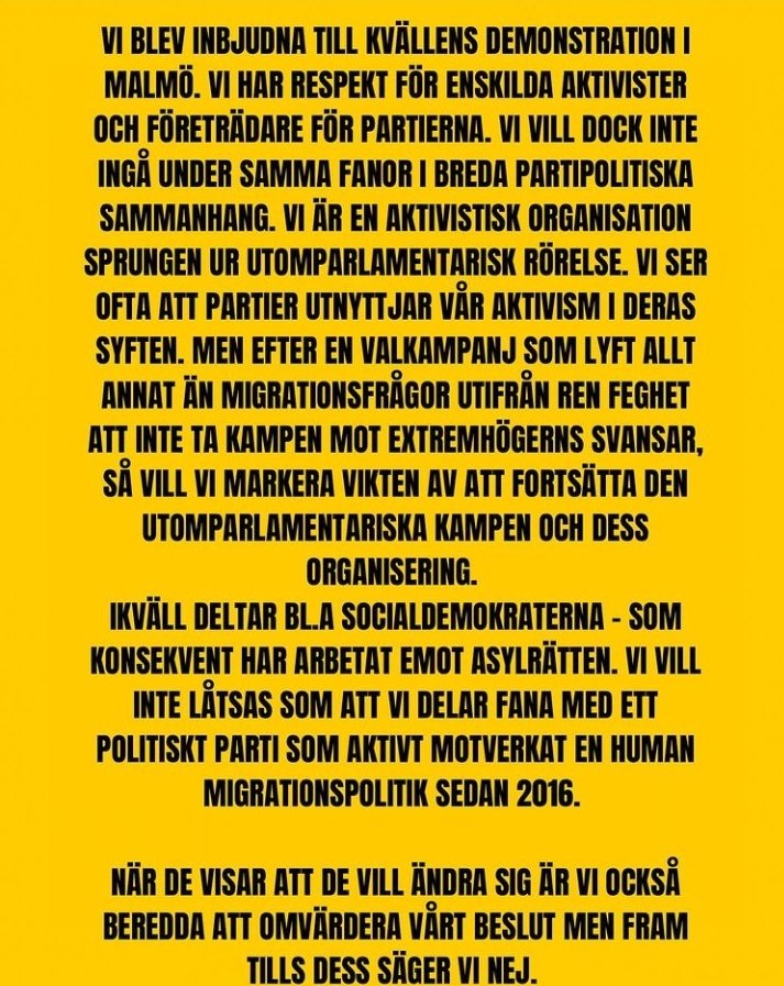 Rws styrelse beslutade att dra sig ur manifestationen igår i Malmö.

Nedan motiverar vi kort skälet bakom.

#rws