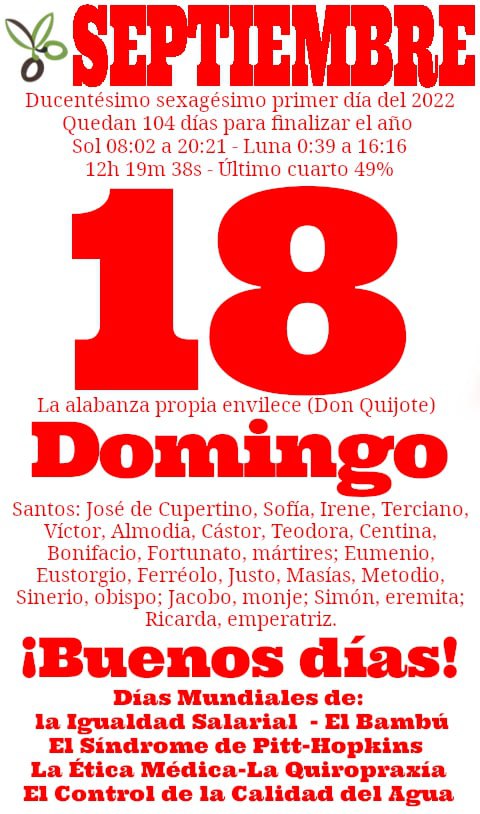 fibrosolidaria's tweet photo. #Domingo #BuenosDias #Calendario #Santos #Efemerides #visibilidadparalafibromialgia #DiaMundialde #igualdadSalarial #ElBambu #SindromedePittHopkins #EticaMedica #Quiropraxia #ControldeCalidaddelAgua https://t.co/x84Qu9pyUP