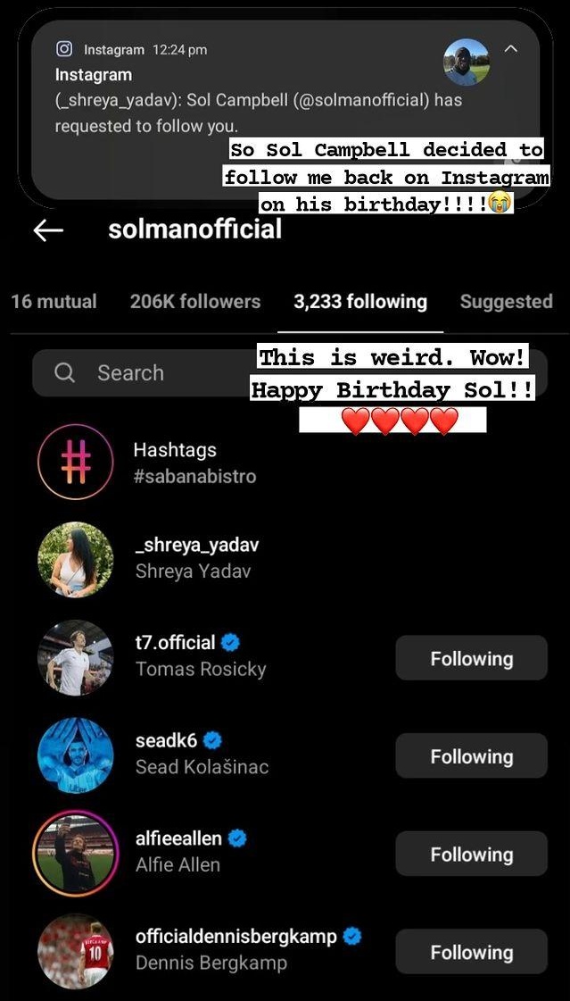 Sol Campbell decided to follow me back on his birthday!!! Happy Birthday Sol!!      