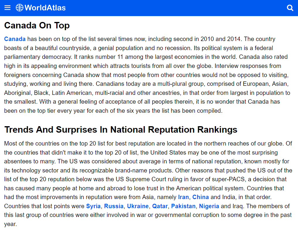 FlungingPicture's tweet photo. @dftr61 @MeanwhileinCana SOURCE: https://t.co/cGHz9JuWSH
Most Loved Countries In The World
@RI_Switzerland #ReputationInstitute, an international consulting firm with offices in Copenhagen and Boston, issues a yearly report of the countries with the “best reputations” worldwide. https://t.co/dBeU9pM0TX