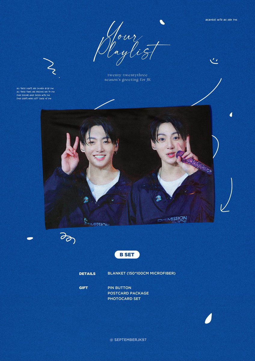 [🇻🇳VNGO] BTS JK
「𝙮𝙤𝙪𝙧 𝙥𝙡𝙖𝙮𝙡𝙞𝙨𝙩 」
2023 season’s greeting for JK by <a href="/SeptemberJK97/">September 셉템버</a>

💸Price: 480~580.000vnd 
🗓️Deadline 25/10/22
✨Details: bit.ly/3Sepubk

DM TO ORDER