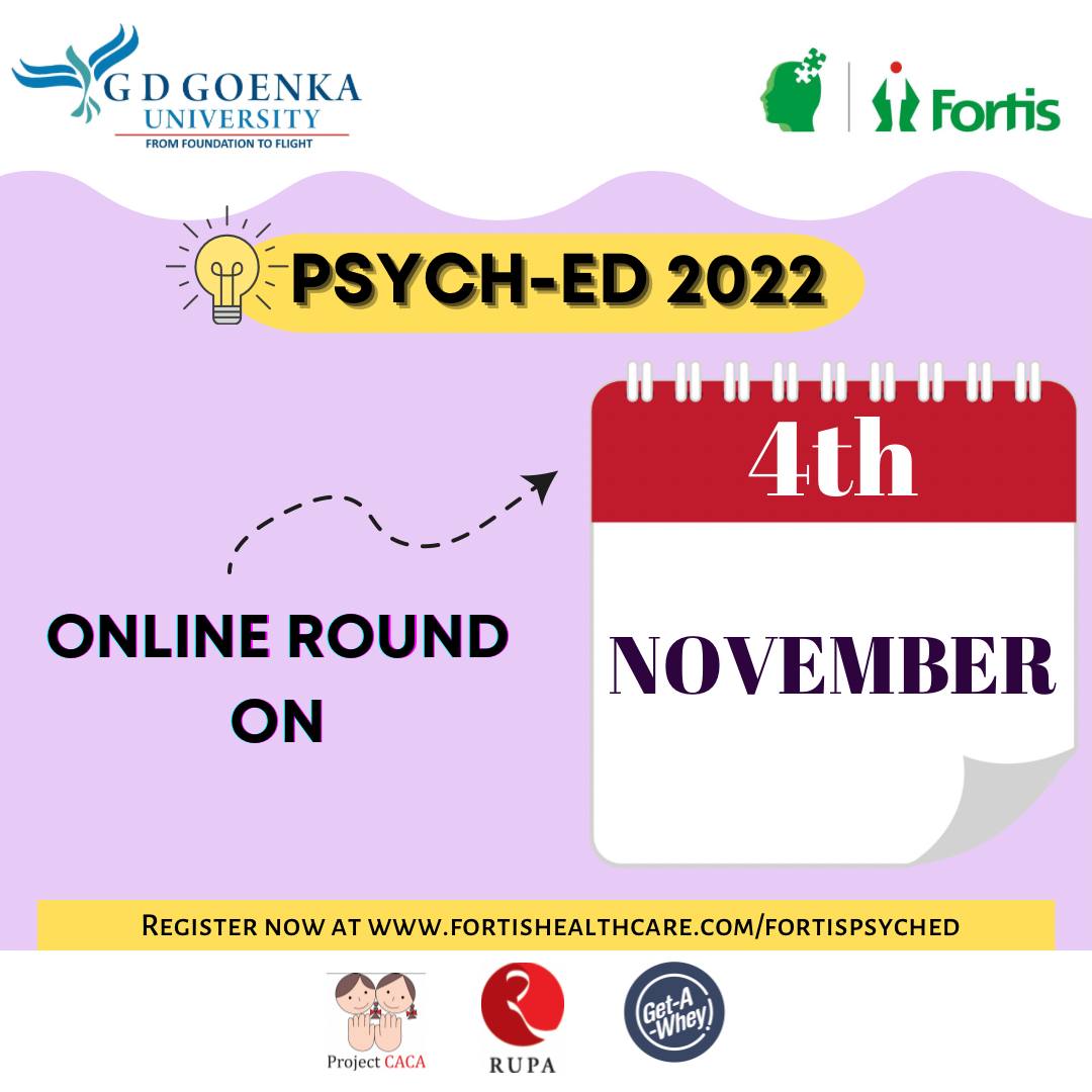 fortis_mhbs's tweet photo. Online round on 4th November!

#PsychED - The biggest #psychology #quiz for #school #students !

Have you registered your school yet? 
https://t.co/hQN59l3l2V

#trainyourbrain
#mindspace 
@dr_samirparikh 
@fortis_hospital https://t.co/Yll2EdcBhq