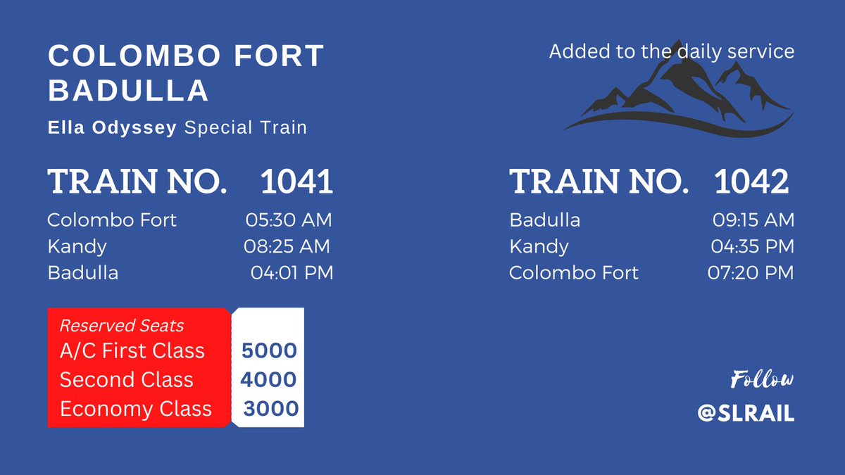 Due to high passenger demand, #Colombo - #Badulla #Ella Odyssey special trains: #1041 and #1042 will be added to the daily service from 19 September 2022. #EllaOdyssey