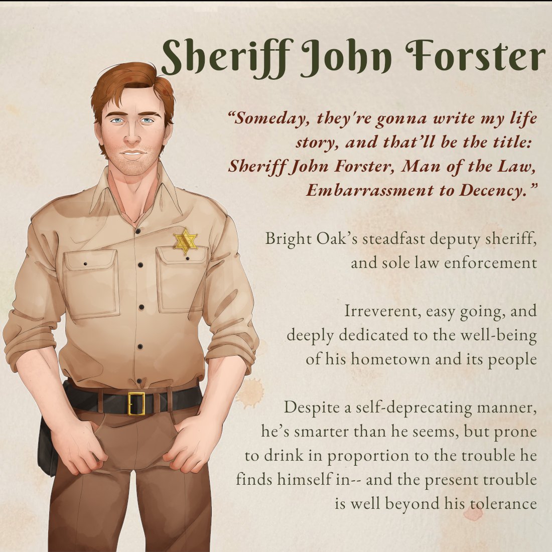 BrightOakGame's tweet photo. Re-introducing Sheriff John Forster, now in brilliant color! The ever-talented @remnantation has finished with coloring the resting posture of our gregarious would-be cowboy, and I’m delighted to be able to share this glimpse of her excellent work!
#brightoak #characterart #oelvn https://t.co/5yfaj5L06H