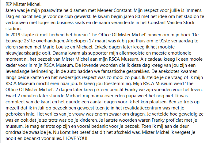 RscaCollector's tweet photo. Vaarwel mijn vriend. Twitter voorziet niet genoeg karakters om mijn respect en bewondering voor je uit te drukken 💜🤍 #rip #MisterMichel #Verschueren #Anderlecht https://t.co/wiiSayBRQF