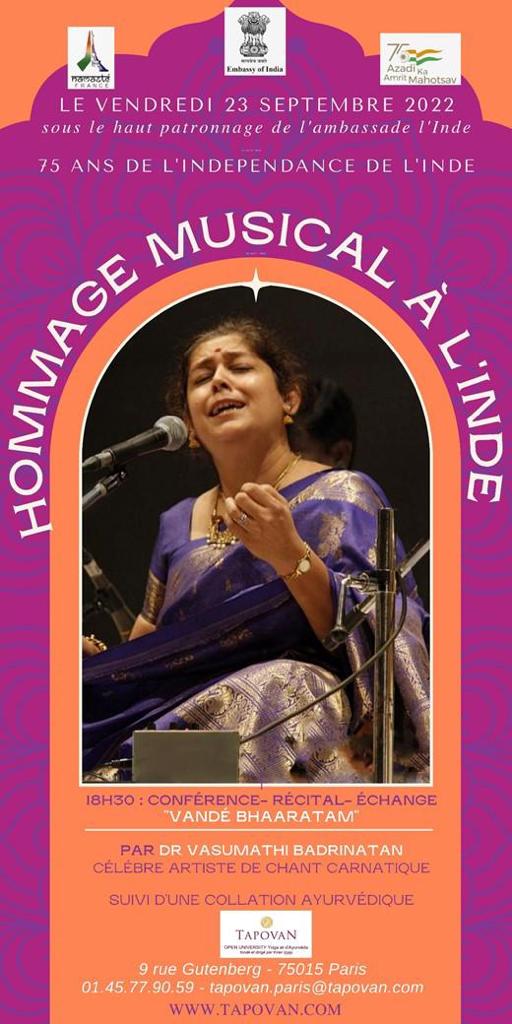 vasumathi_b's tweet photo. Chère et chères ami(e)s de Paris. Réservez le soir du vendredi 23 pour ce spectacle. Je serai contente d’avoir votre présence à cette prestation  et de vous revoir aussi ! 𝙑𝙖𝙣𝙙𝙚́ 𝘽𝙝𝙖𝙖𝙧𝙖𝙩𝙖𝙢, to 𝗖����𝗹𝗲𝗯𝗿𝗮𝘁𝗲 𝟳𝟱 𝘆𝗲𝗮𝗿𝘀 𝗼𝗳 𝗜𝗻𝗱𝗶𝗮 𝘁𝗵𝗿u 𝗠𝘂𝘀𝗶𝗰 ! https://t.co/cQ2SPaY84o
