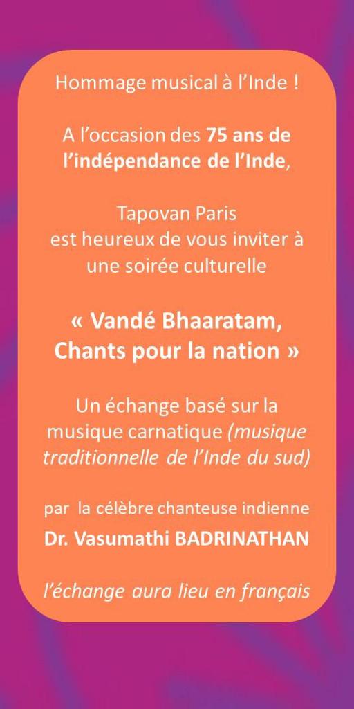 vasumathi_b's tweet photo. Chère et chères ami(e)s de Paris. Réservez le soir du vendredi 23 pour ce spectacle. Je serai contente d’avoir votre présence à cette prestation  et de vous revoir aussi ! 𝙑𝙖𝙣𝙙𝙚́ 𝘽𝙝𝙖𝙖𝙧𝙖𝙩𝙖𝙢, to 𝗖����𝗹𝗲𝗯𝗿𝗮𝘁𝗲 𝟳𝟱 𝘆𝗲𝗮𝗿𝘀 𝗼𝗳 𝗜𝗻𝗱𝗶𝗮 𝘁𝗵𝗿u 𝗠𝘂𝘀𝗶𝗰 ! https://t.co/cQ2SPaY84o