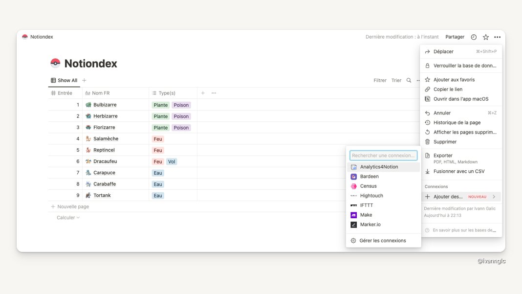 2. Vos intégrations déménagent :
Ajoutez des intégrations (Make, Zappier, Analytics4Notion etc) à votre page depuis le menu ••• et non plus depuis les options de partage  #notiontwt