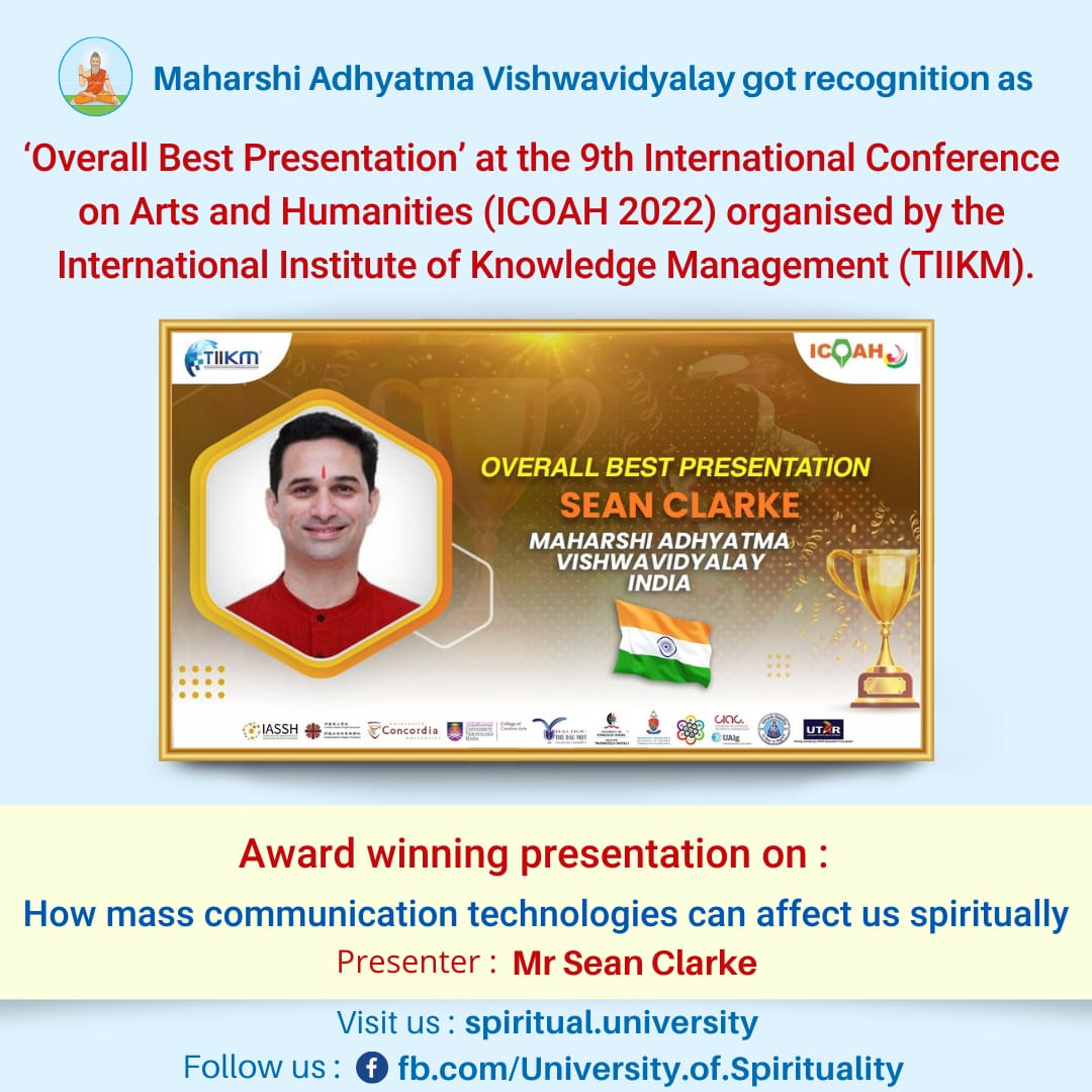 💫MAV got recognition as ‘Overall Best Presentation’ at the 9th International Conference on Arts &amp; Humanities (ICOAH 2022). 

💍Know the perspective of MAV on How mass #media communication technologies can affect us #spiritually by <a href="/sean_ssrf/">Sean Clarke</a>
 
▶️fb.watch/fCrcVLSEuh/