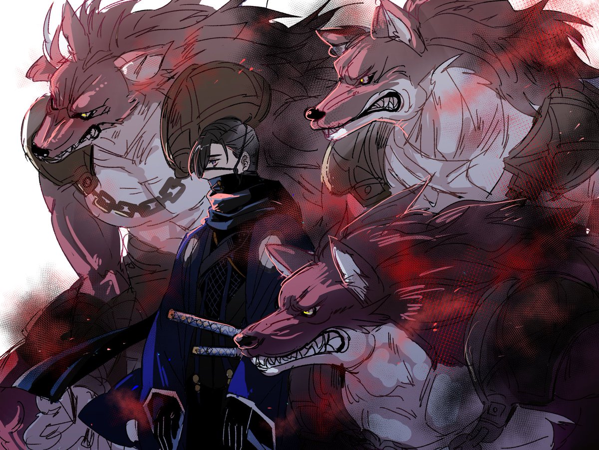 wolf male focus weapon black hair teeth sword japanese clothes  illustration images