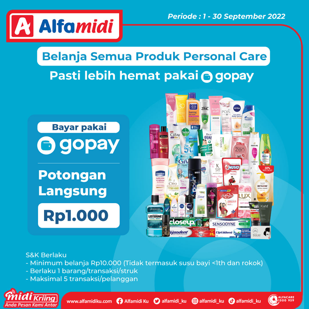 alfamidi_ku's tweet photo. Belanja semua produk Personal Care bisa langsung dapat potongan harga dengan #PromoGopay!
Dengan min. belanja Rp10.000 dengan Gopay, kamu bisa langsung dapetin potongan harganya lho^^
#AlfamidiUntukIndonesia #AlfamidiHadirMelayani #BelanjadenganGopay #Gopaypromo #PromoAlfamidi https://t.co/BHsZVNznIo