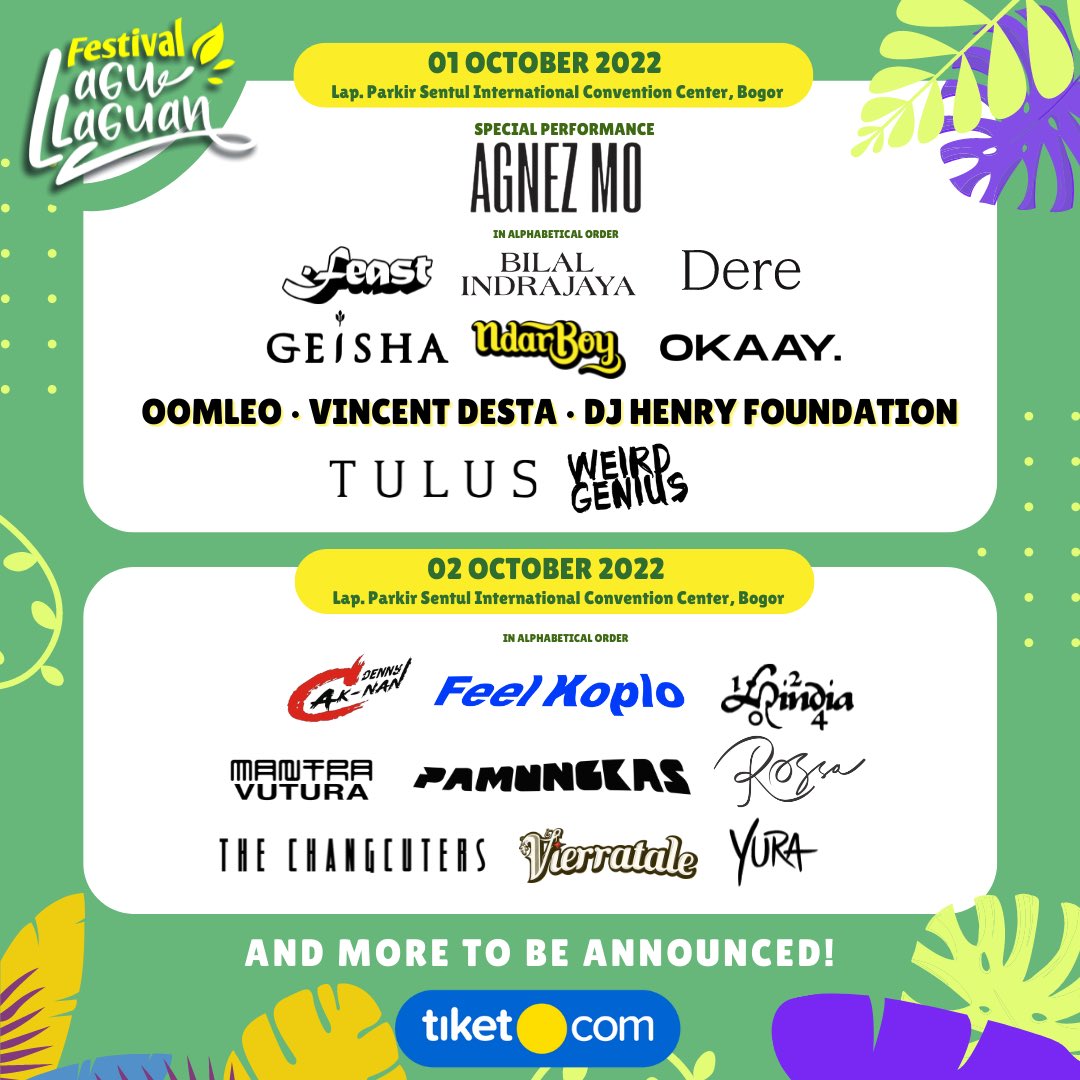 bahanafmjkt's tweet photo. Announcing #FestivalLaguLaguan line ups, featuring 20 of the hottest talents across genres.

Giving you the exceptional performance of Agnez Mo that you have never seen anywhere. https://t.co/UZvKV6uWb4