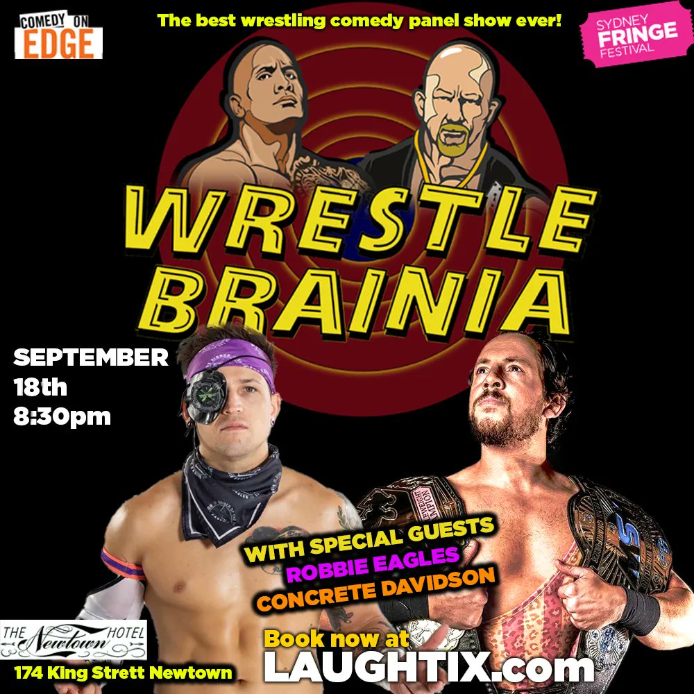 Tonight! WRESTLE BRAINIA!
Final Sydney show!
We're giving away a copy of POWER SLAM and an ultra rare ROBBIE EAGLES t-shirt to a random winner.

Book now at sydneyfringe.com/events/wrestle…