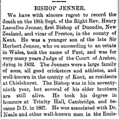 AustAnglican's tweet photo. 18 September 1898: death of the Rt Revd Henry Lascelles Jenner, aged 78. As the card notes, Bishop of Dunedin (NZ) 1866-1871, although he was never installed, for reasons explained in the attached obituary (and thus no longer considered 'first' bishop). #anglican #124years https://t.co/P4GLoXcsiM