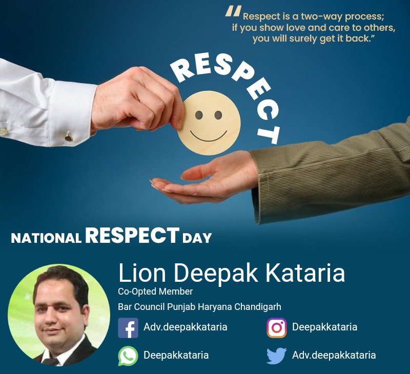 DeepakKataria83's tweet photo. National Respect day.
Respect is a two-way process; if you show love and care to others, you will surely get it back.”

*Lion Deepak kataria*
*Co-Opted Member Bar Council Punjab Haryana Chandigarh* https://t.co/YWy6GdIwwF